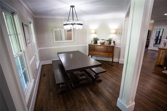 200 Carney Ct, Ball Ground, GA 30107 - dining area featuring visible vents, wood finished floors, baseboards, a chandelier, and ornamental molding