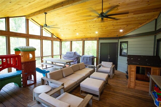200 Carney Ct, Ball Ground, GA 30107 - living room featuring wood-type flooring, wood ceiling, ceiling fan, and high vaulted ceiling