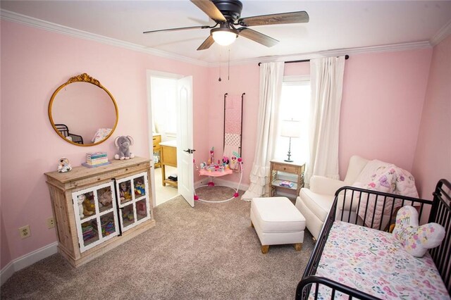 200 Carney Ct, Ball Ground, GA 30107 - carpeted bedroom featuring baseboards, ornamental molding, and ceiling fan