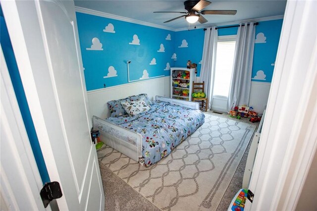 200 Carney Ct, Ball Ground, GA 30107 - carpeted bedroom with crown molding, ceiling fan, and wainscoting