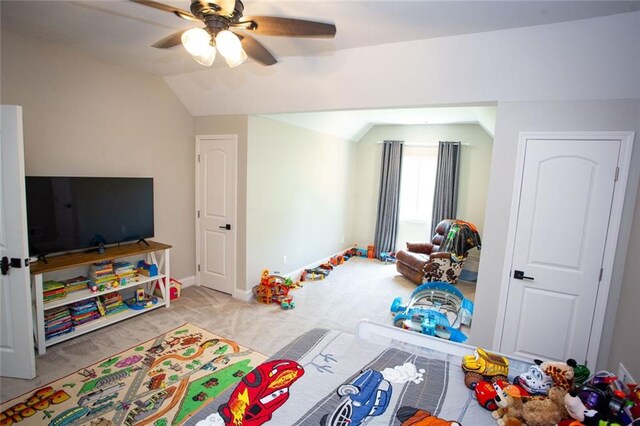 200 Carney Ct, Ball Ground, GA 30107 - recreation room featuring baseboards, carpet, a ceiling fan, and lofted ceiling