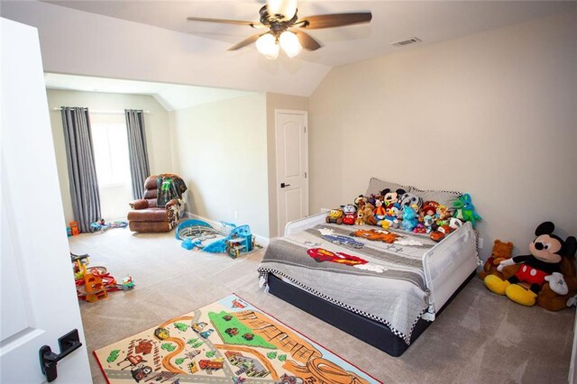 200 Carney Ct, Ball Ground, GA 30107 - bedroom featuring vaulted ceiling, ceiling fan, carpet flooring, and visible vents