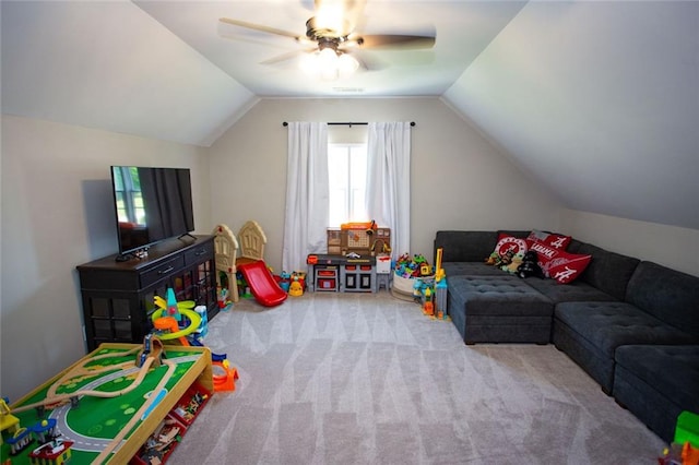 200 Carney Ct, Ball Ground, GA 30107 - game room featuring carpet, ceiling fan, and vaulted ceiling