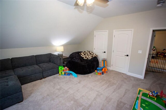 200 Carney Ct, Ball Ground, GA 30107 - recreation room featuring carpet flooring, a ceiling fan, baseboards, and lofted ceiling