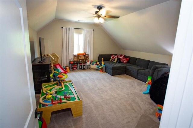 200 Carney Ct, Ball Ground, GA 30107 - rec room featuring carpet flooring, ceiling fan, and lofted ceiling