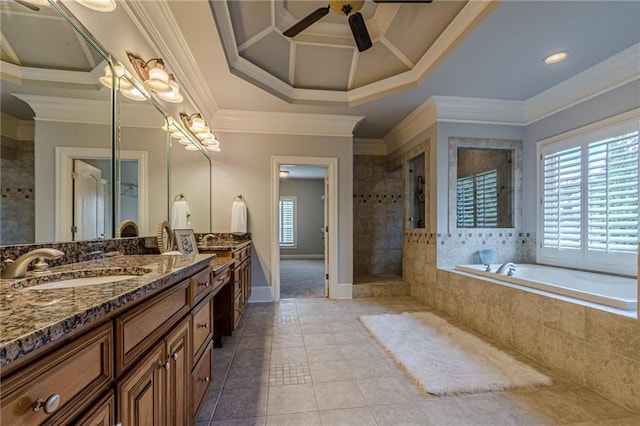 bathroom with independent shower and bath, tile patterned flooring, vanity, ceiling fan, and crown molding