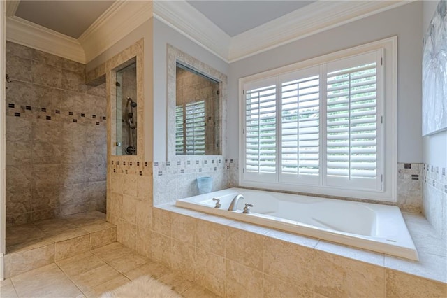 bathroom featuring crown molding, tile patterned floors, and separate shower and tub