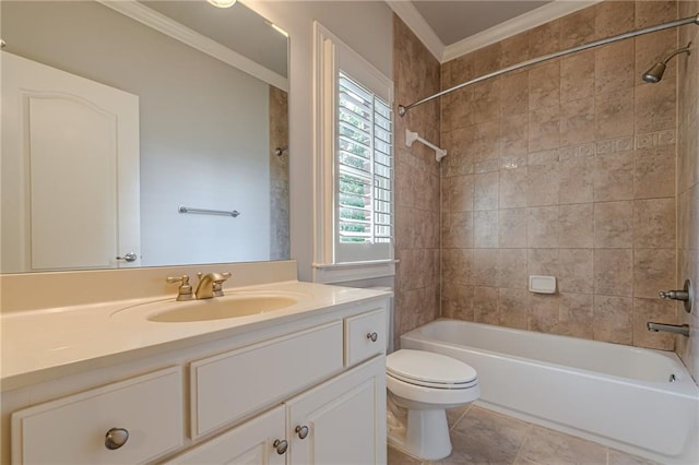 full bathroom with tiled shower / bath combo, vanity, ornamental molding, tile patterned floors, and toilet