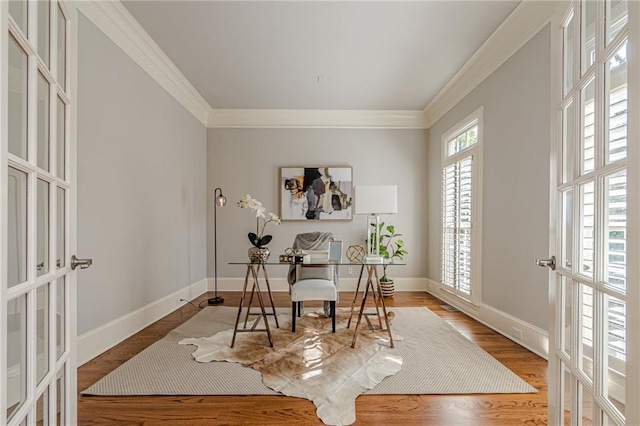 office space featuring ornamental molding, wood-type flooring, and french doors