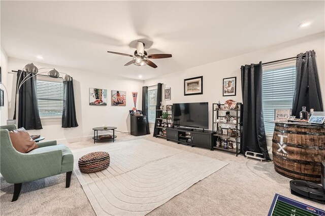 bedroom featuring recessed lighting, baseboards, carpet floors, and ceiling fan