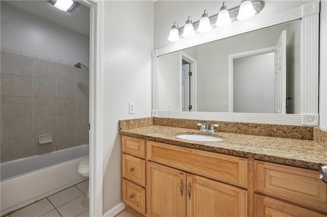bathroom featuring shower / bathtub combination, tile patterned floors, vanity, and toilet