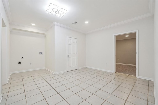 spare room with baseboards, ornamental molding, and recessed lighting