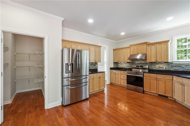kitchen with dark wood-style floors, under cabinet range hood, backsplash, dark countertops, and appliances with stainless steel finishes