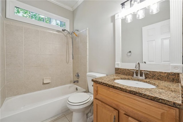 full bathroom featuring tile patterned floors, vanity, shower / tub combination, toilet, and ornamental molding