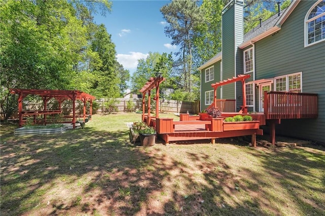 view of yard featuring a fenced backyard and a wooden deck