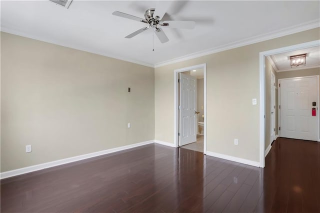 unfurnished bedroom featuring connected bathroom, ceiling fan, hardwood / wood-style floors, and crown molding