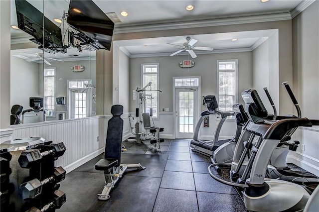 workout area featuring crown molding, a healthy amount of sunlight, and ceiling fan