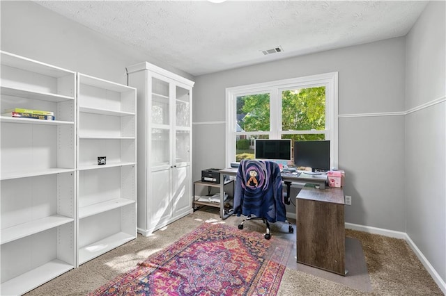 office space featuring baseboards, carpet floors, and a textured ceiling