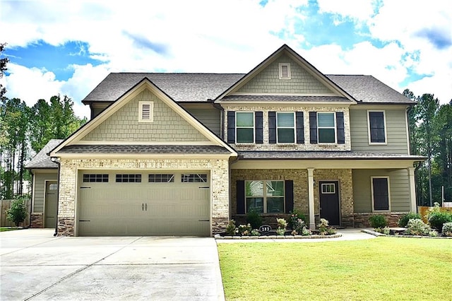 craftsman house featuring a garage and a front yard