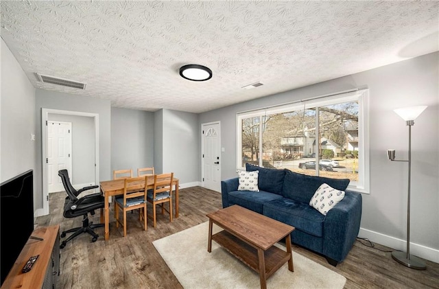 living room with hardwood / wood-style flooring and a textured ceiling