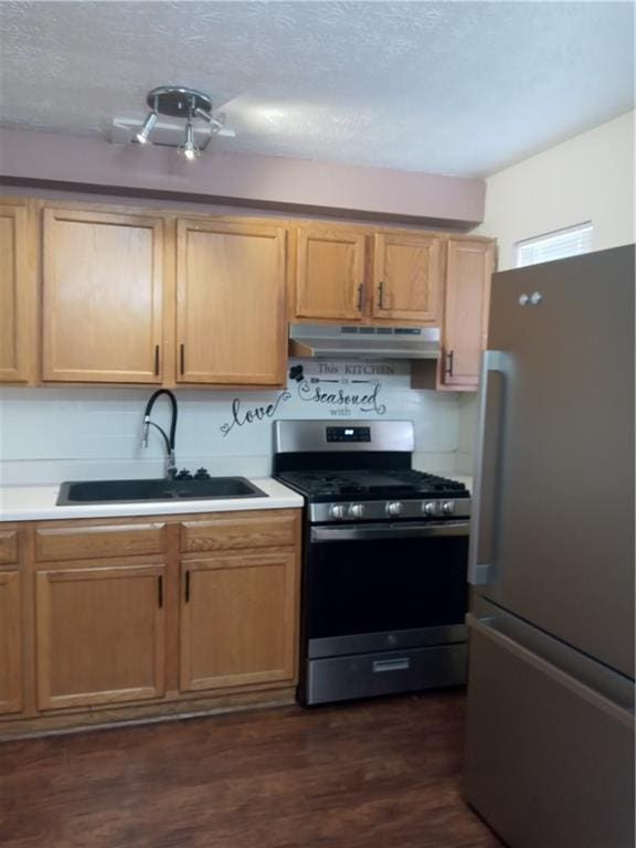 kitchen with light brown cabinets, sink, dark hardwood / wood-style floors, and stainless steel appliances