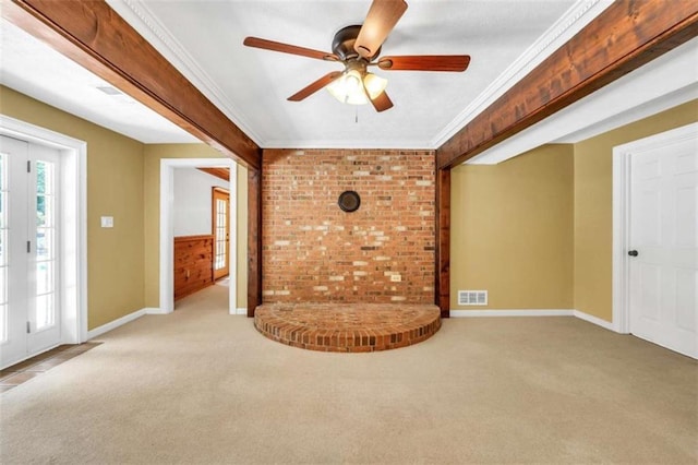 280 W Knight Rd W, Mcdonough, GA 30252 - unfurnished living room featuring carpet floors, brick wall, a ceiling fan, and ornamental molding