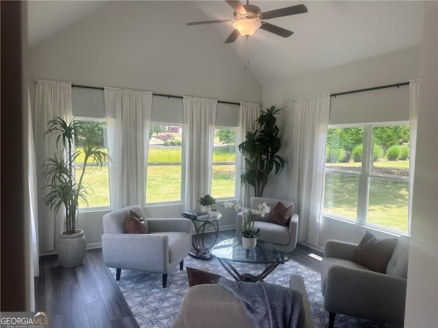 interior space featuring hardwood / wood-style flooring, high vaulted ceiling, a healthy amount of sunlight, and ceiling fan