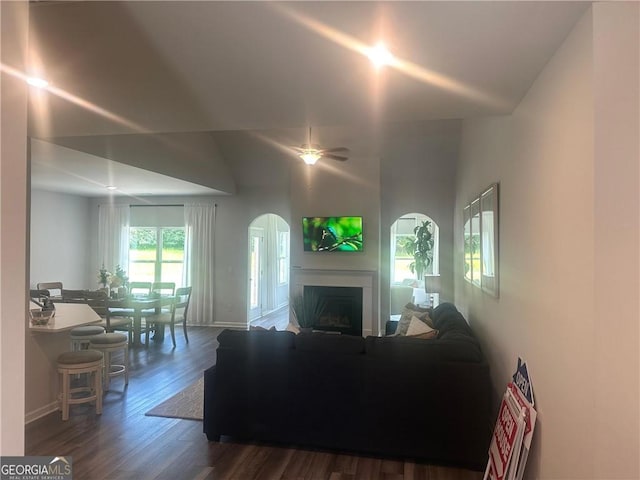 living room featuring dark hardwood / wood-style flooring and lofted ceiling