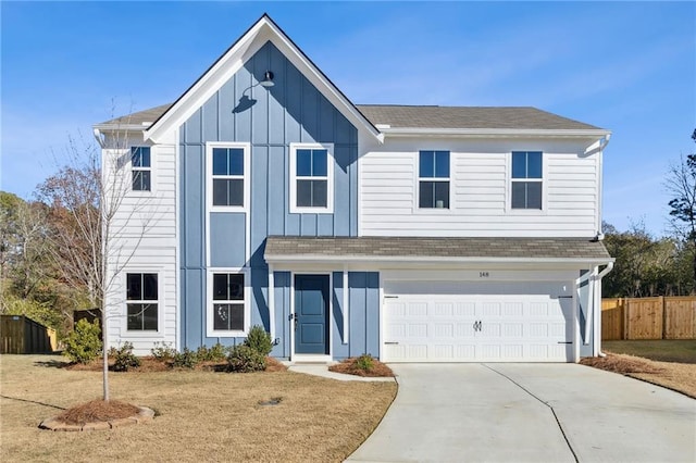 view of front of property featuring board and batten siding, a shingled roof, fence, concrete driveway, and an attached garage