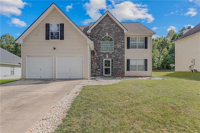traditional-style home featuring concrete driveway, stone siding, an attached garage, and a front yard
