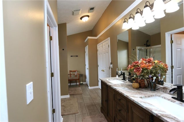 bathroom featuring a shower with shower door, vanity, and vaulted ceiling