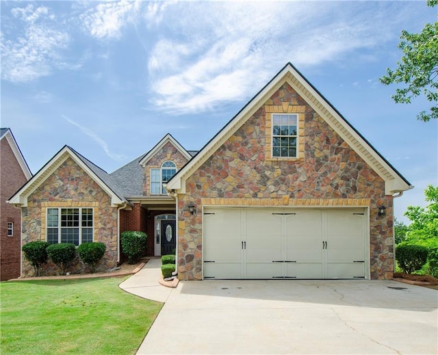 traditional-style home featuring stone siding, driveway, a garage, and a front lawn