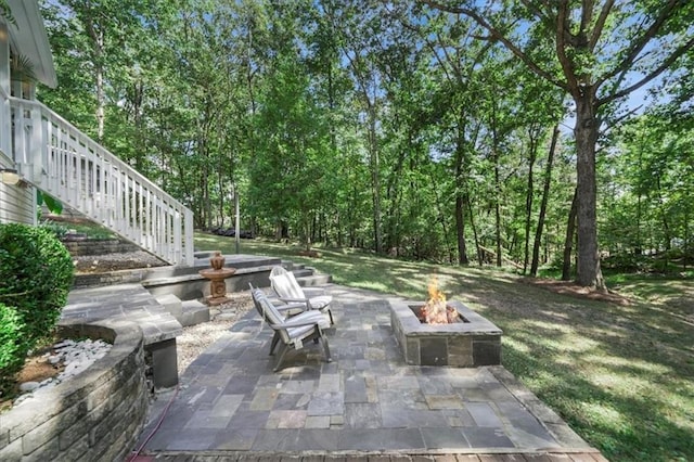 9050 Pine Tree Cir, Gainesville, GA 30506 - view of patio / terrace with an outdoor fire pit and stairway