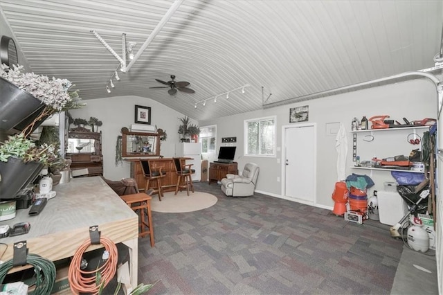 9050 Pine Tree Cir, Gainesville, GA 30506 - living area featuring carpet, ceiling fan, and vaulted ceiling
