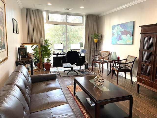 2479 Peachtree Rd NE Unit 105, Atlanta, GA 30305 - living room featuring crown molding, wood finished floors, a desk, and recessed lighting