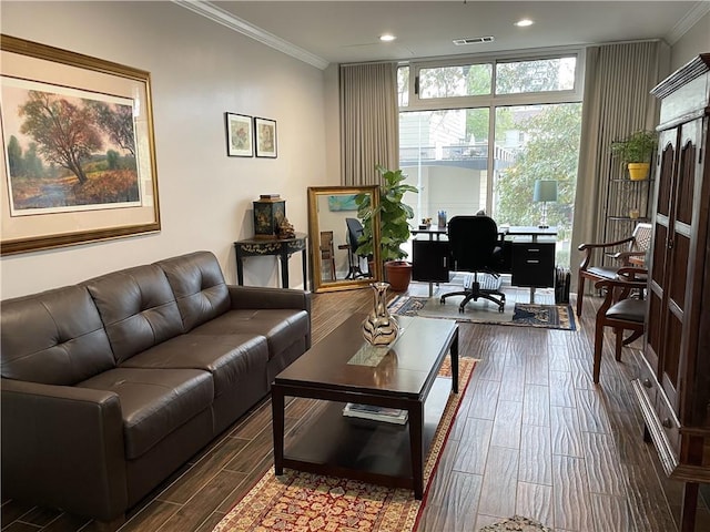 2479 Peachtree Rd NE Unit 105, Atlanta, GA 30305 - living room with wood finished floors, crown molding, a desk, expansive windows, and recessed lighting