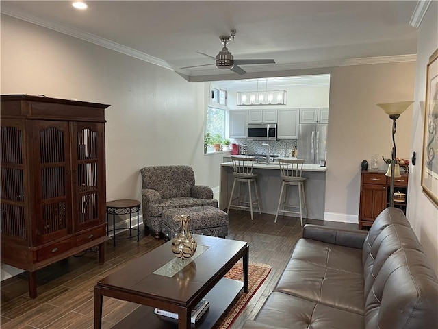 2479 Peachtree Rd NE Unit 105, Atlanta, GA 30305 - living area with a ceiling fan, dark wood-type flooring, ornamental molding, baseboards, and recessed lighting