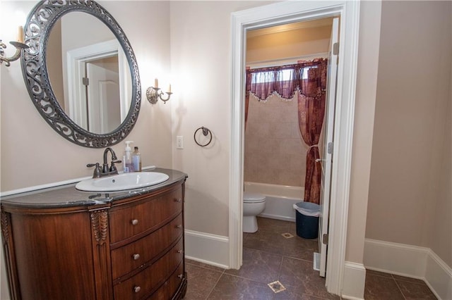 full bathroom with vanity, shower / bathtub combination with curtain, baseboards, tile patterned floors, and toilet