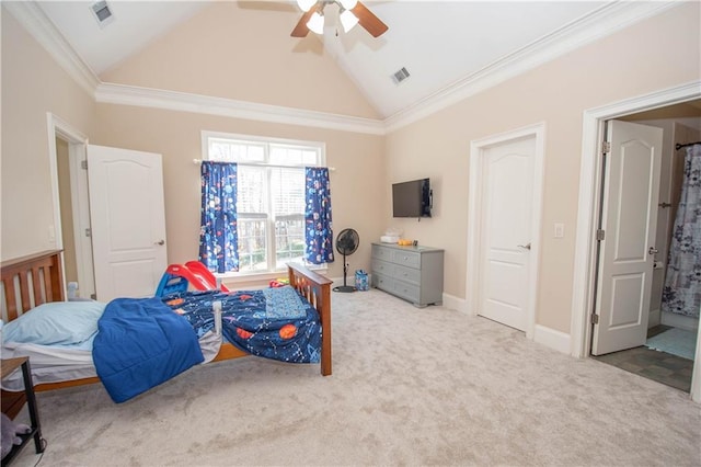 bedroom with visible vents, high vaulted ceiling, baseboards, and carpet floors