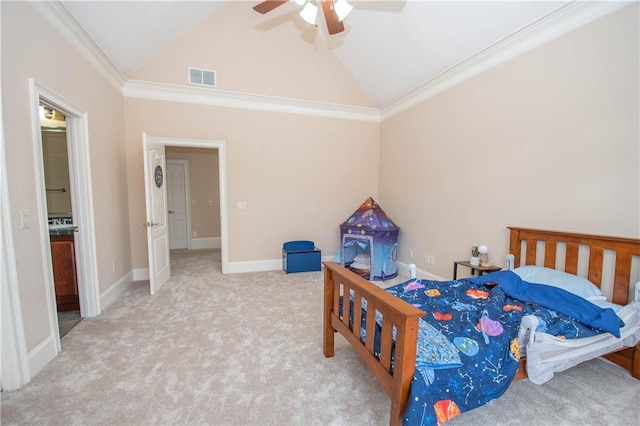 bedroom featuring visible vents, high vaulted ceiling, carpet flooring, baseboards, and ceiling fan