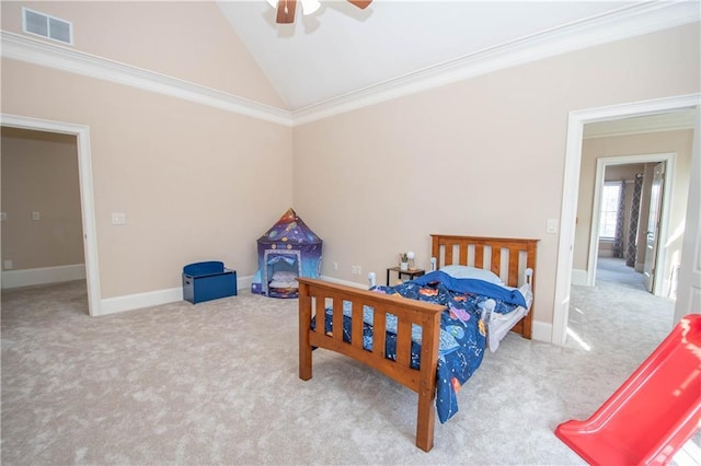 carpeted bedroom with crown molding, baseboards, visible vents, and high vaulted ceiling