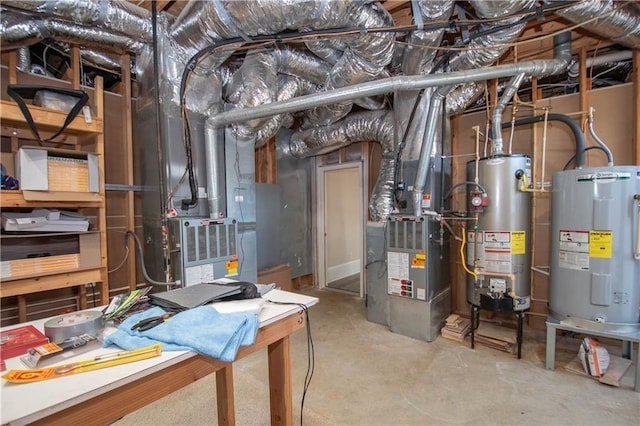 utility room with water heater, heating unit, and electric water heater