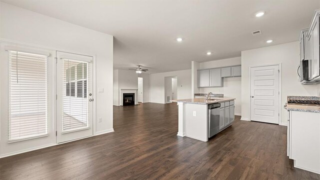 kitchen with a fireplace, dark wood finished floors, stainless steel appliances, gray cabinets, and open floor plan