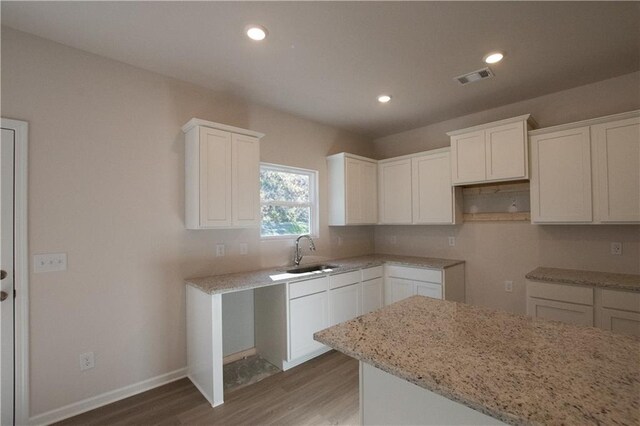 530 River Run Dr, Dallas, GA 30132 - kitchen featuring a sink, wood finished floors, light stone countertops, white cabinets, and recessed lighting