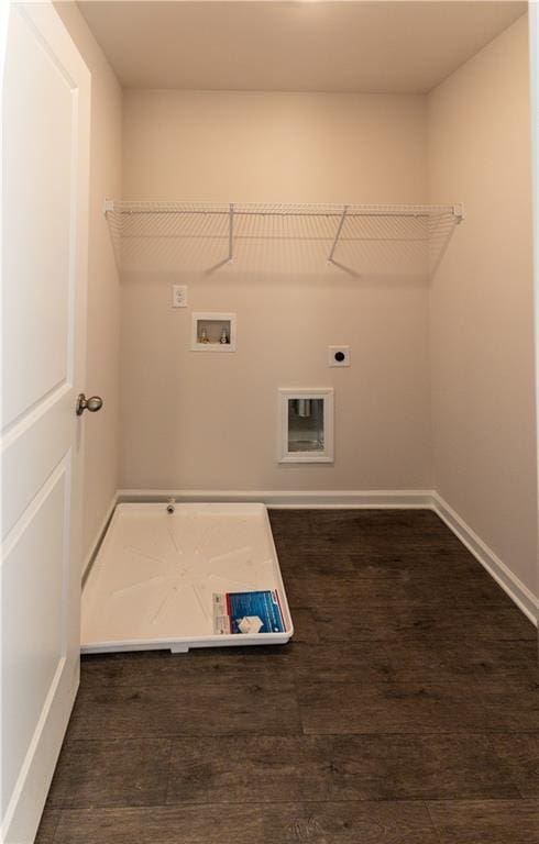530 River Run Dr, Dallas, GA 30132 - laundry area with electric dryer hookup, hookup for a washing machine, wood finished floors, and baseboards