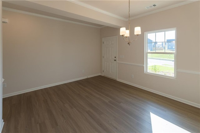 530 River Run Dr, Dallas, GA 30132 - spare room with dark wood-style flooring, a chandelier, baseboards, and ornamental molding