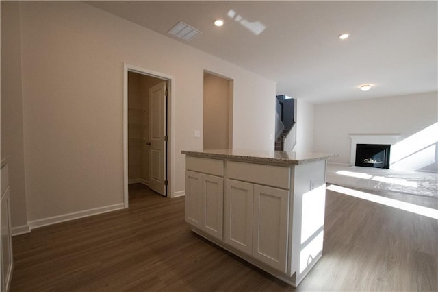 530 River Run Dr, Dallas, GA 30132 - kitchen with dark wood-type flooring, a fireplace, baseboards, light stone counters, and white cabinets