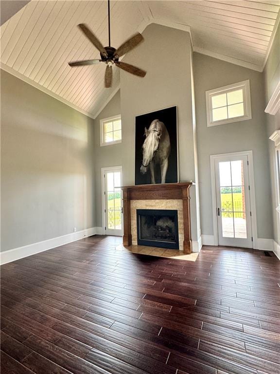 311 Langston Rd SE, Calhoun, GA 30701 - unfurnished living room with a fireplace, a ceiling fan, high vaulted ceiling, plenty of natural light, and dark wood-style flooring
