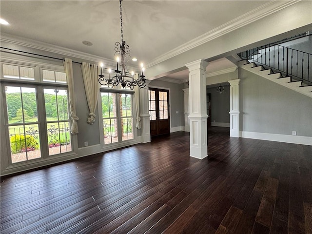 311 Langston Rd SE, Calhoun, GA 30701 - unfurnished dining area featuring a chandelier, dark wood finished floors, baseboards, and ornamental molding