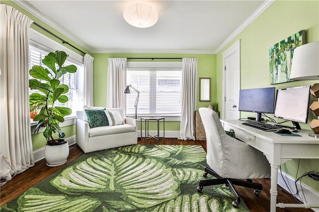 office with wood finished floors, baseboards, and ornamental molding